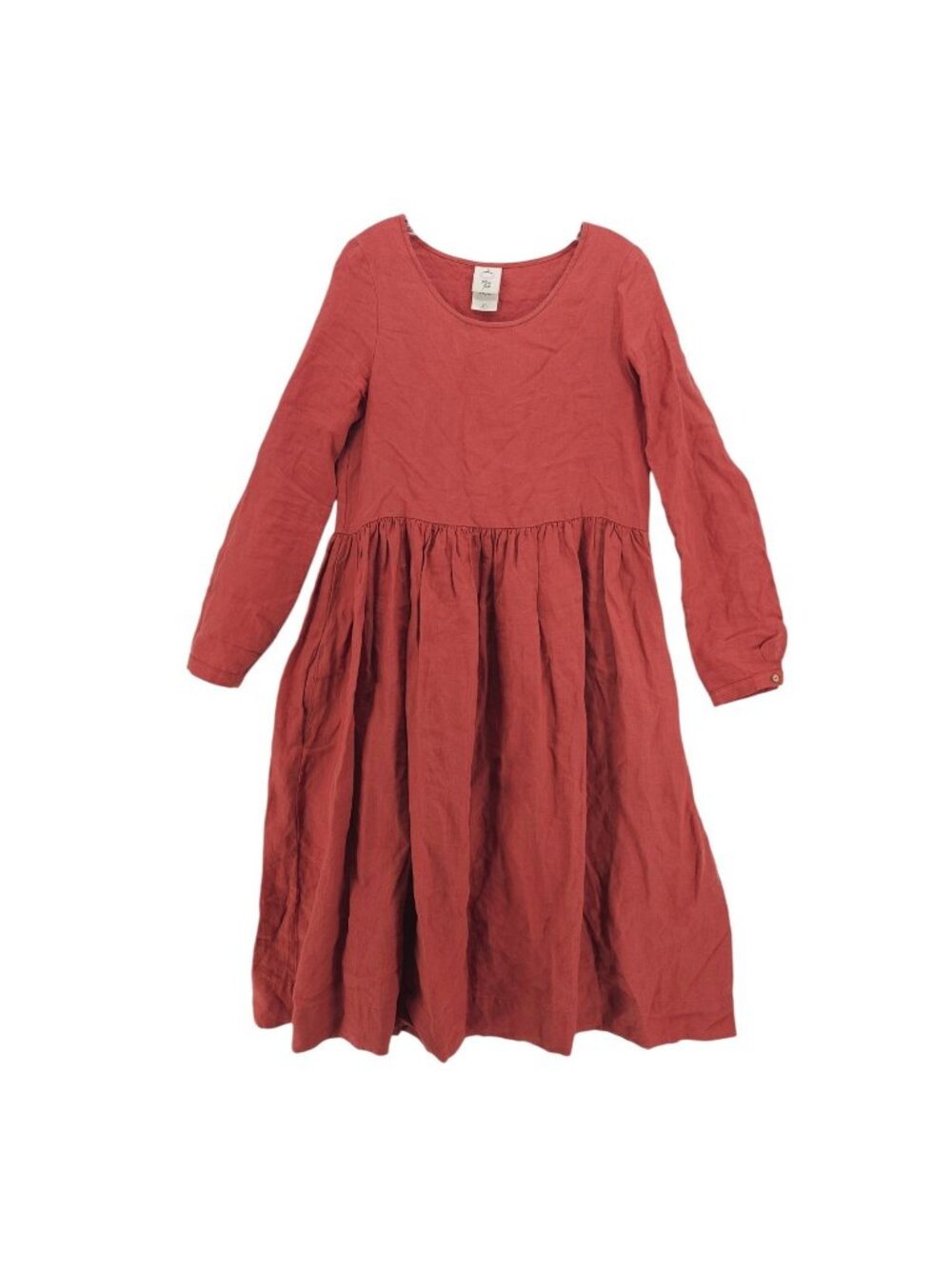 SON DE FLOR 100% Linen Long Sleeve Midi Dress Gathered Waist Brick Red XS